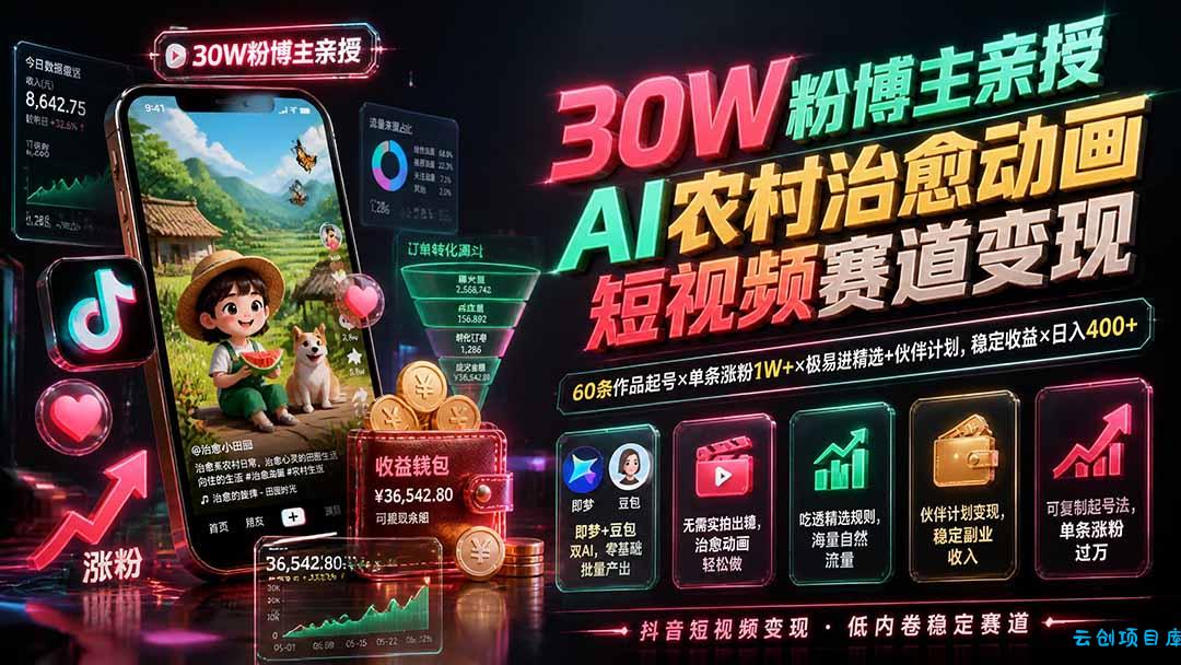 30W粉博主亲授AI农村治愈动画短视频赛道变现：60条作品起号×单条涨粉1W+×极易进精选+伙伴计划，稳定收益×日入400+-云创项目库