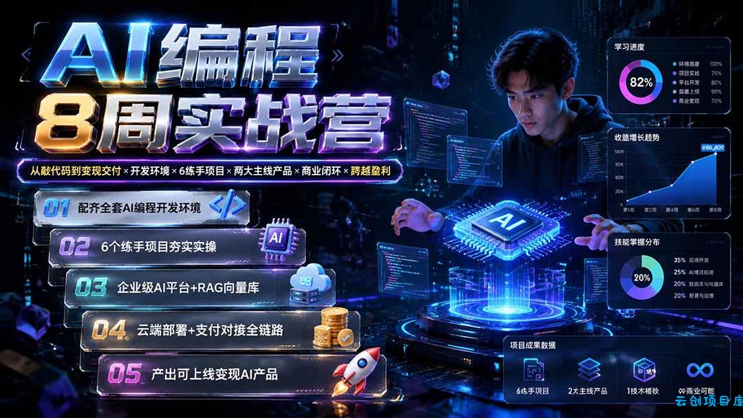 AI编程8周实战营:从敲代码到变现交付×开发环境×6练手项目×两大主线产品×商业闭环×跨越盈利-云创项目库
