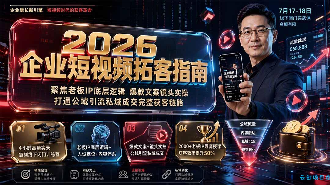 2026企业短视频拓客指南:聚焦老板IP底层逻辑,爆款文案镜头实操,打通公域引流私域成交完整获客链路-云创项目库