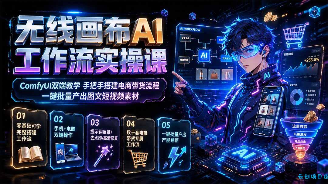 无线画布AI工作流实操课|ComfyUI双端教学,手把手搭建电商带货流程,一键批量产出图文短视频素材-云创项目库