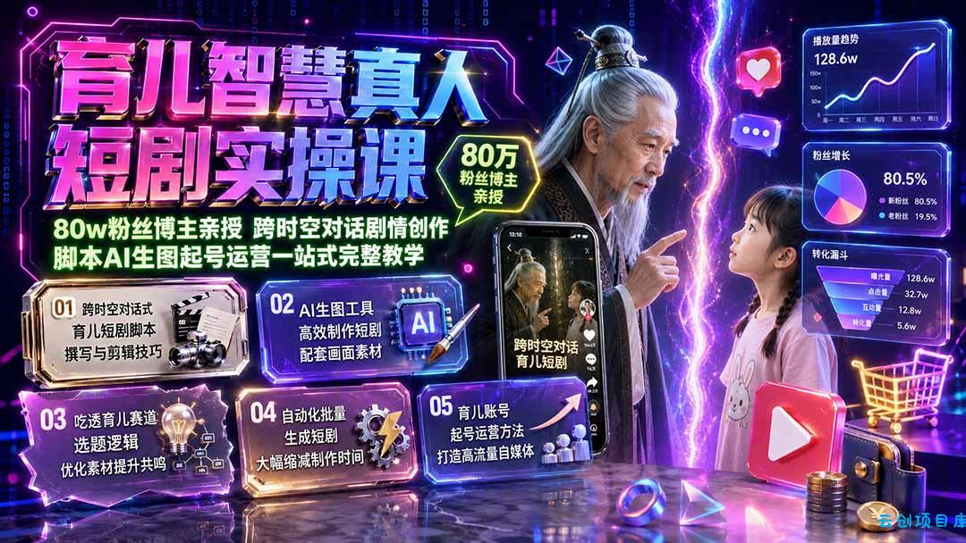 育儿智慧真人短剧实操课|80w粉丝博主亲授,跨时空对话剧情创作,脚本AI生图起号运营一站式完整教学-云创项目库