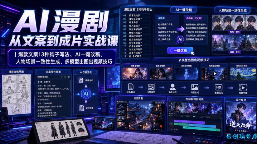 AI漫剧从文案到成片实战课|爆款文案13种钩子写法、AI一键改稿、人物场景一致性生成、多模型出图出视频技巧-云创项目库