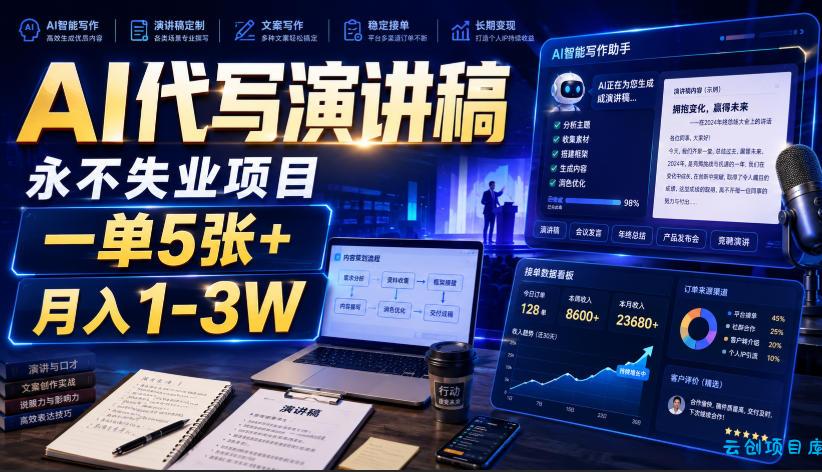 AI代写演讲稿,永不失业项目,一单5张+,月入1-3W【揭秘】-云创项目库
