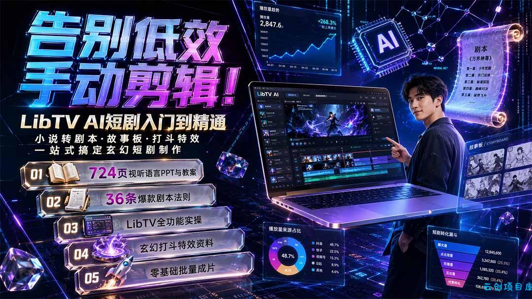 告别低效手动剪辑!LibTV AI短剧入门到精通,小说转剧本方法,故事板打斗特效一站式搞定玄幻短剧制作-云创项目库