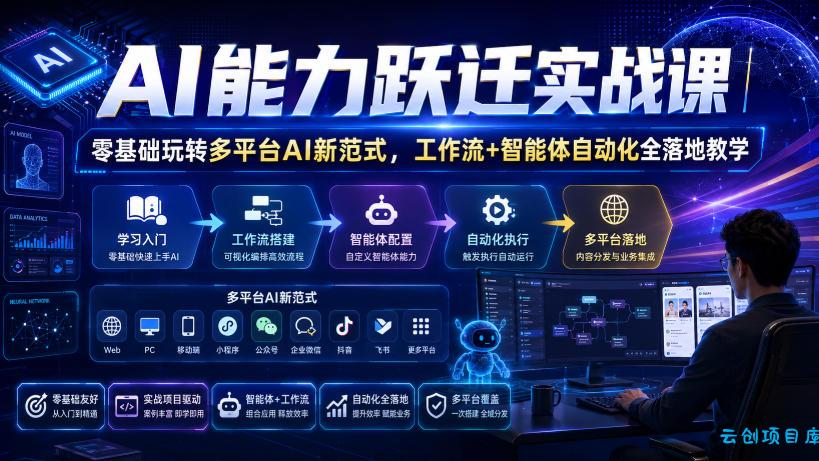AI能力跃迁实战课|零基础玩转多平台AI新范式,工作流+智能体自动化全落地教学-云创项目库
