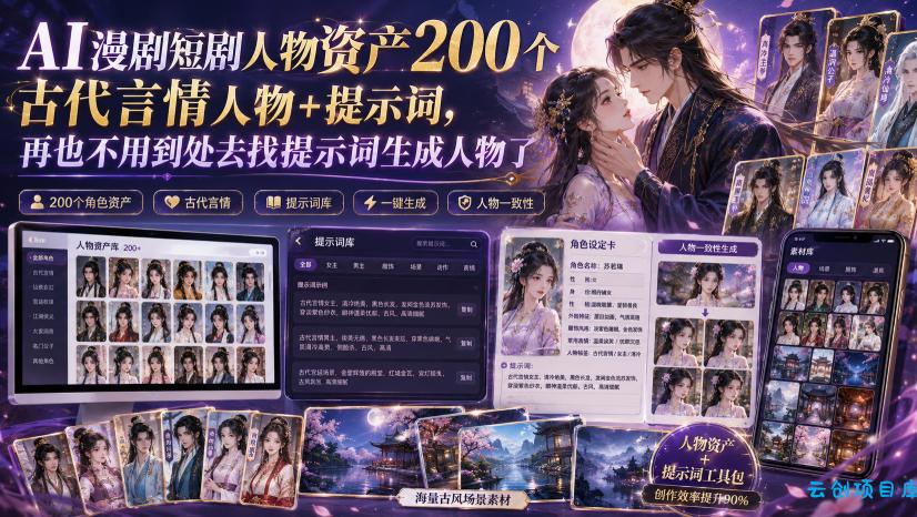 AI漫剧短剧人物资产200个古代言情人物+提示词,再也不用到处去找提示词生成人物了-云创项目库