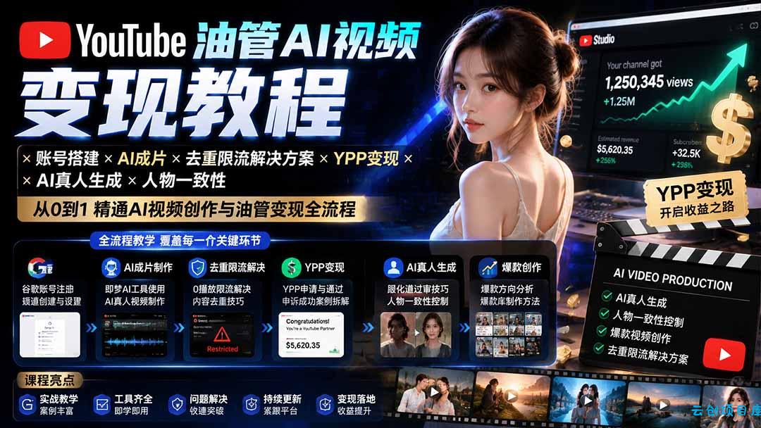 YouTube油管AI视频变现教程:账号搭建×AI成片×去重限流解决方案×YPP变现×AI真人生成×人物一致性-云创项目库