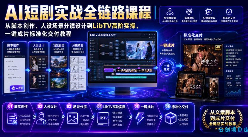 AI短剧实战全链路课程｜从脚本创作、人设场景分镜设计到LibTV高阶实操、一键成片标准化交付教程-云创项目库