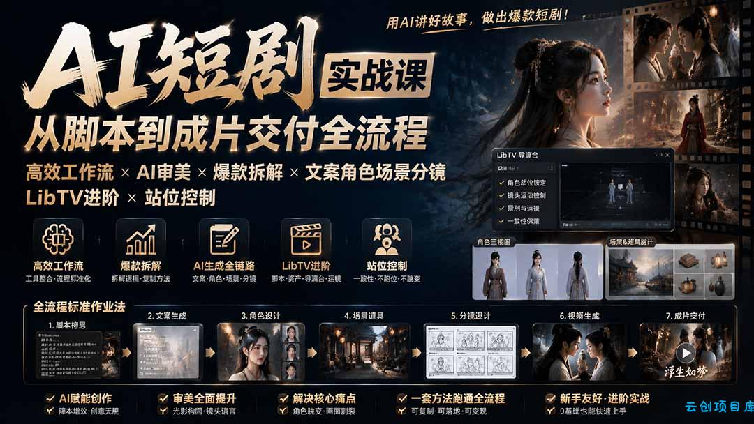 AI短剧实战课：高效工作流×AI审美×爆款拆解×文案角色场景分镜×LibTV进阶×站位控制×从脚本到成片交付全流程-云创项目库