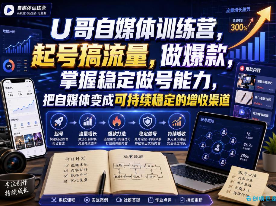U哥自媒体训练营，起号搞流量，做爆款，掌握稳定做号能力，把自媒体变成可持续稳定的增收渠道-云创项目库