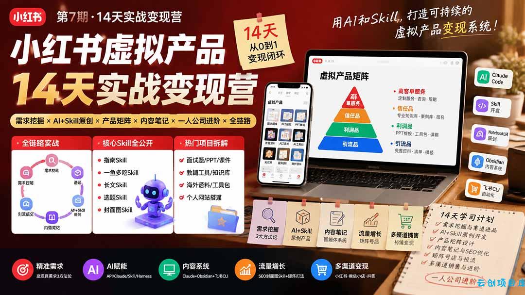 小红书虚拟产品14天实战变现营-第7期：需求挖掘×AI+Skill原创×产品矩阵×内容笔记×一人公司进阶×全链路-云创项目库