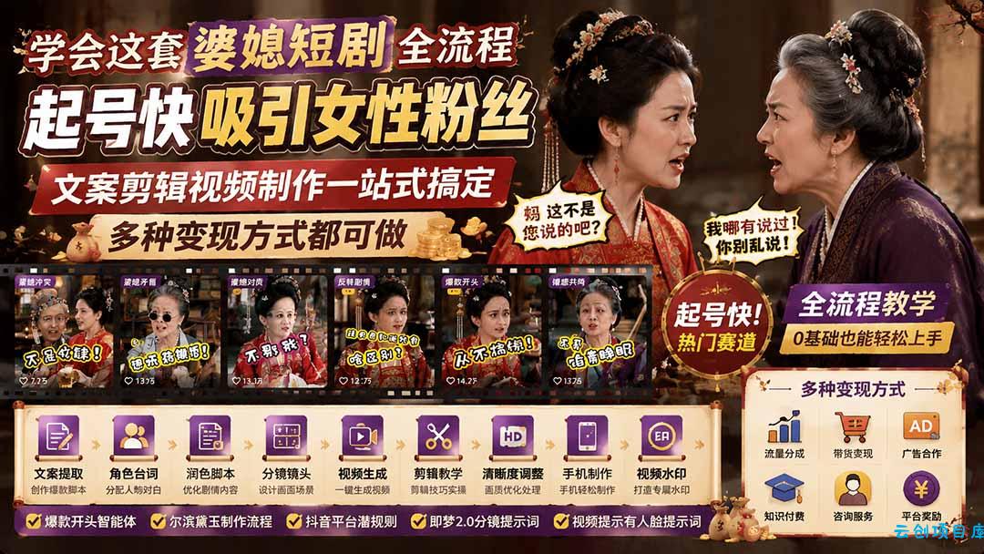 学会这套婆媳短剧全流程:起号快吸引女性粉丝,文案剪辑视频制作一站式搞定,多种变现方式都可做-云创项目库