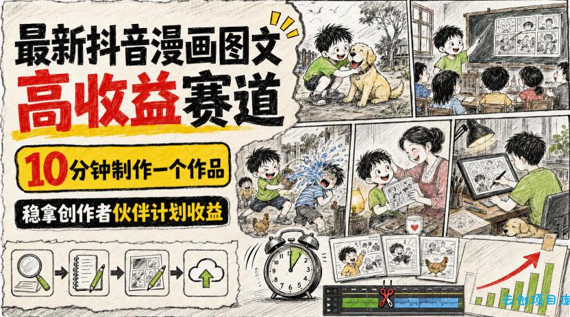最新抖音漫画图文高收益赛道，10分钟制作一个作品，稳拿创作者伙伴计划收益-云创项目库