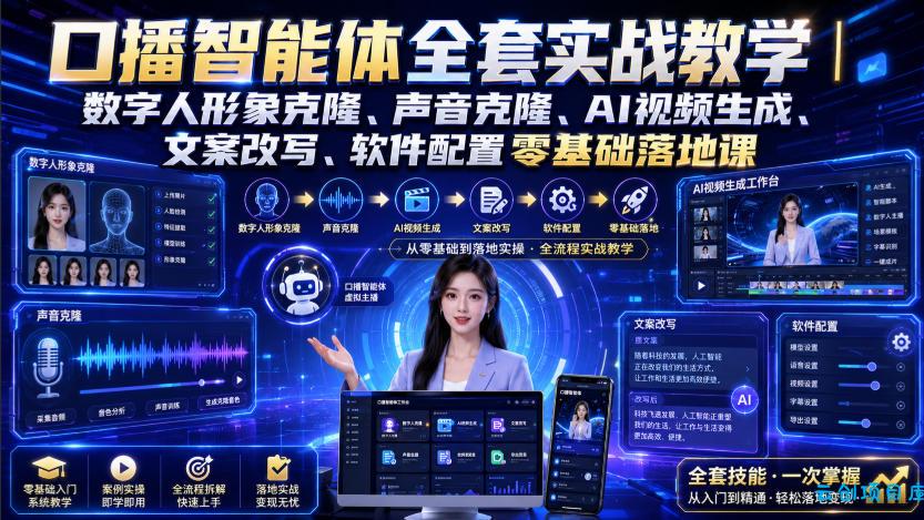 口播智能体全套实战教学｜数字人形象克隆、声音克隆、AI视频生成、文案改写、软件配置零基础落地课-云创项目库