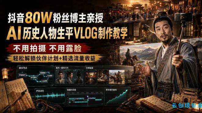 抖音80W粉丝博主的AI历史人物生平VLOG教学，不用拍摄不用露脸，AI帮你搞定，轻松解锁伙伴计划+精选收益-云创项目库