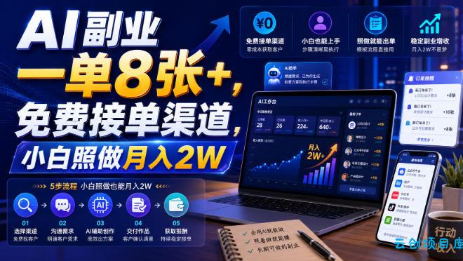 AI副业一单8张+，免费接单渠道，小白照做月入2W【揭秘】-云创项目库