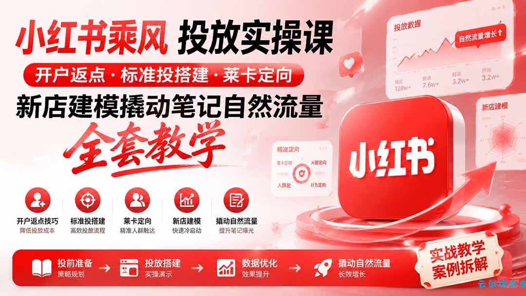 小红书乘风投放-100分钟实操课｜开户返点·标准投搭建·莱卡定向，新店建模撬动笔记自然流量全套教学-云创项目库