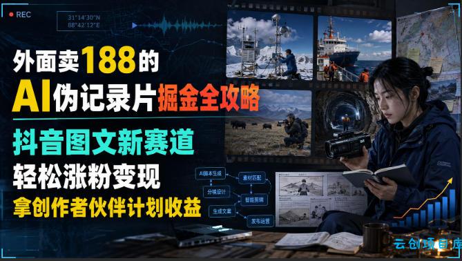 外面卖188的AI伪记录片掘金全攻略，抖音图文新赛道，轻松涨粉变现，拿创作者伙伴计划收益【文档】-云创项目库