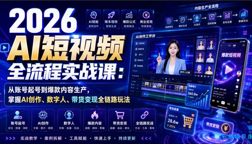 2026 AI短视频全流程实战课：从账号起号到爆款内容生产，掌握AI创作、数字人、带货变现全链路玩法-云创项目库