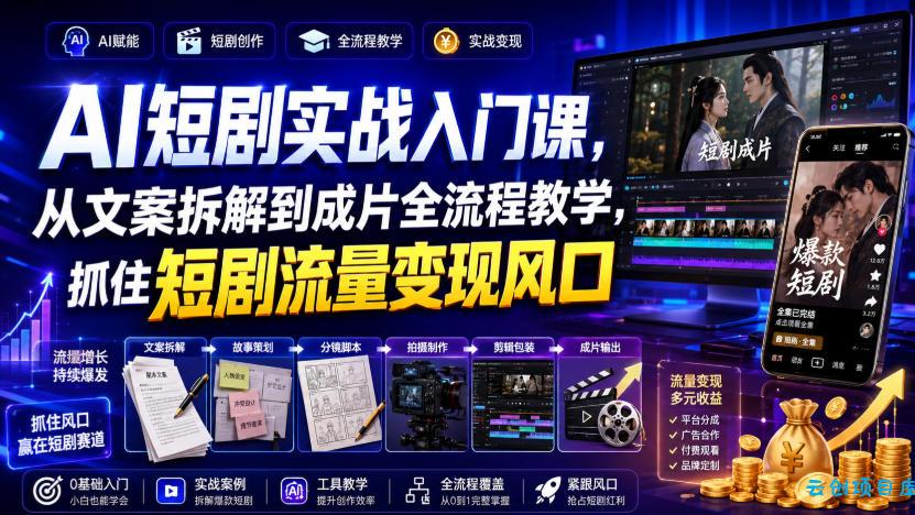 AI短剧实战入门课，从文案拆解到成片全流程教学，抓住短剧流量变现风口-云创项目库