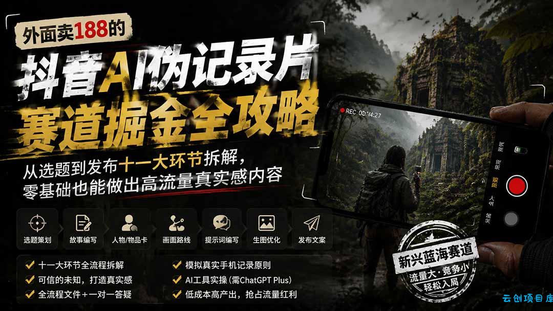 外面卖188的抖音AI伪记录片赛道掘金全攻略；从选题到发布十一大环节拆解，零基础也能做出高流量真实感内容-云创项目库