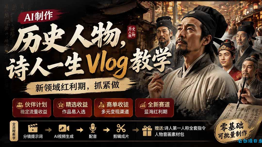 历史人物，诗人一生Vlog教学， AI制作丨伙伴计划丨精选收益丨商单收徒 ，新领域红利期，抓紧做-云创项目库