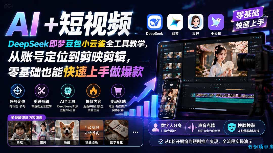 AI+短视频｜DeepSeek即梦豆包小云雀全工具教学，从账号定位到剪映剪辑，零基础也能快速上手做爆款-云创项目库