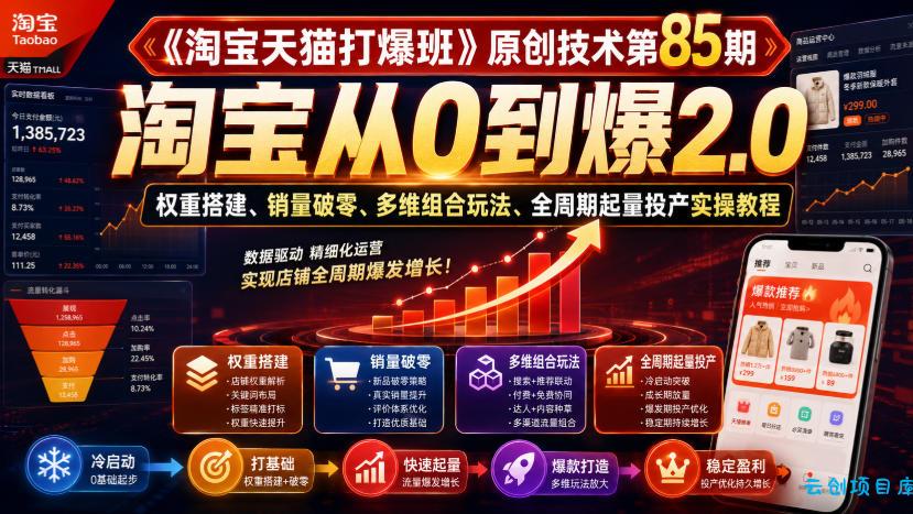 《淘宝天猫打爆班》原创技术第85期，淘宝从0到爆2.0，权重搭建、销量破零、多维组合玩法、全周期起量投产实操教程-云创项目库