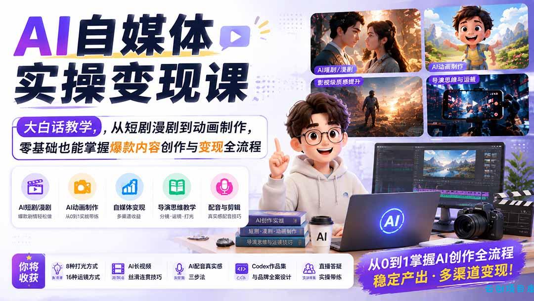 AI自媒体实操变现课｜大白话教学，从短剧漫剧到动画制作，零基础也能掌握爆款内容创作与变现全流程-云创项目库