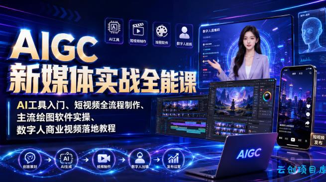 AIGC新媒体实战全能课｜AI工具入门、短视频全流程制作、主流绘图软件实操、数字人商业视频落地教程-云创项目库