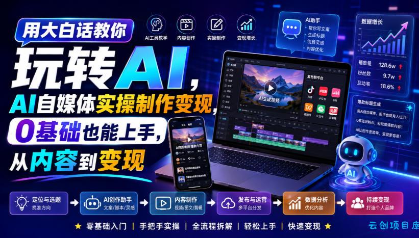 用大白话教你玩转AI，AI自媒体实操制作变现，0基础也能上手，从内容到变现-云创项目库