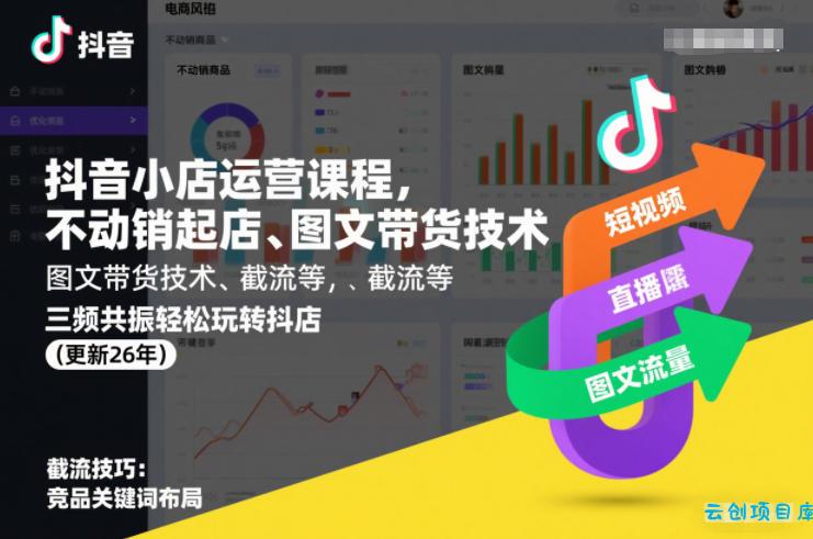 抖音小店运营课程，不动销起店、图文带货技术、截流等，三频共振轻松玩转抖店(更新26年08月)-云创项目库