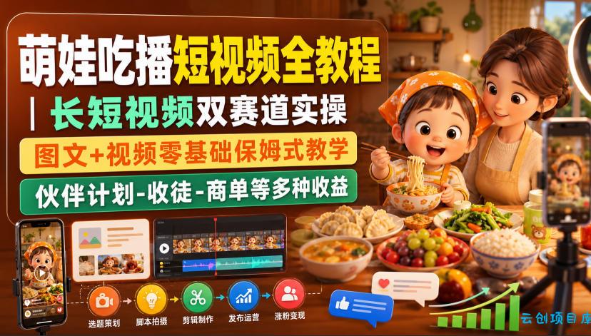 萌娃吃播短视频全教程｜长短视频双赛道实操，图文+视频零基础保姆式教学，伙伴计划-收徒-商单等多种变现方式-云创项目库