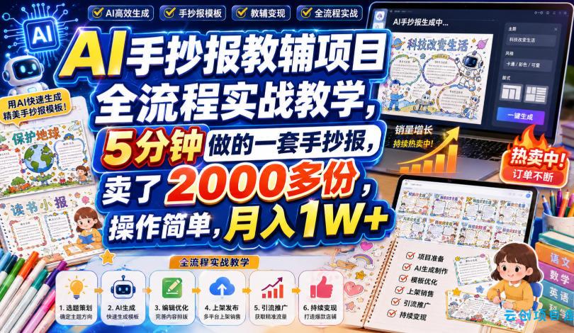 AI手抄报教辅项目全流程实战教学，5分钟做的一套手抄报，卖了2000多份，操作简单，月入1W+-云创项目库