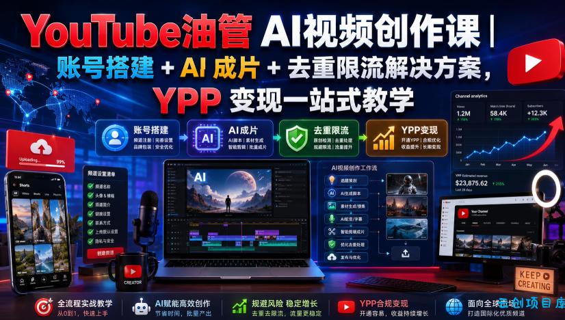 YouTube油管AI视频创作课｜账号搭建+AI成片+去重限流解决方案，YPP变现一站式教学(更新0809)-云创项目库