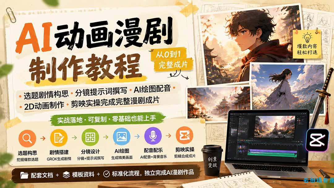 AI动画漫剧制作教程｜选题剧情构思·分镜提示词撰写·AI绘图配音·2D动画制作·剪映实操完成完整漫剧成片-云创项目库