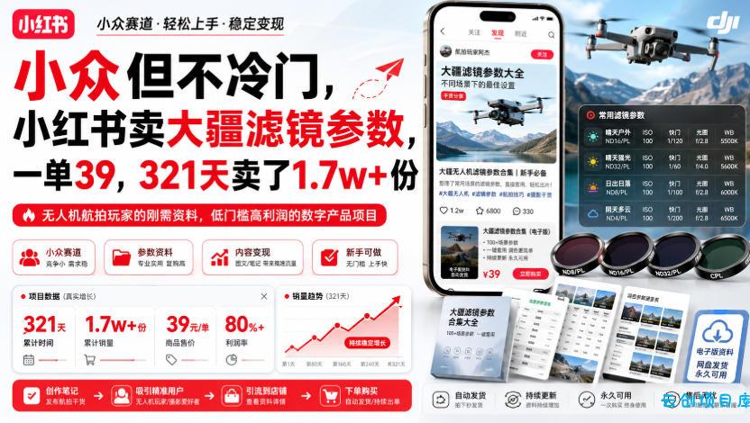 小众但不冷门，小红书卖大疆滤镜参数，一单39，321天卖了1.7w+份-云创项目库