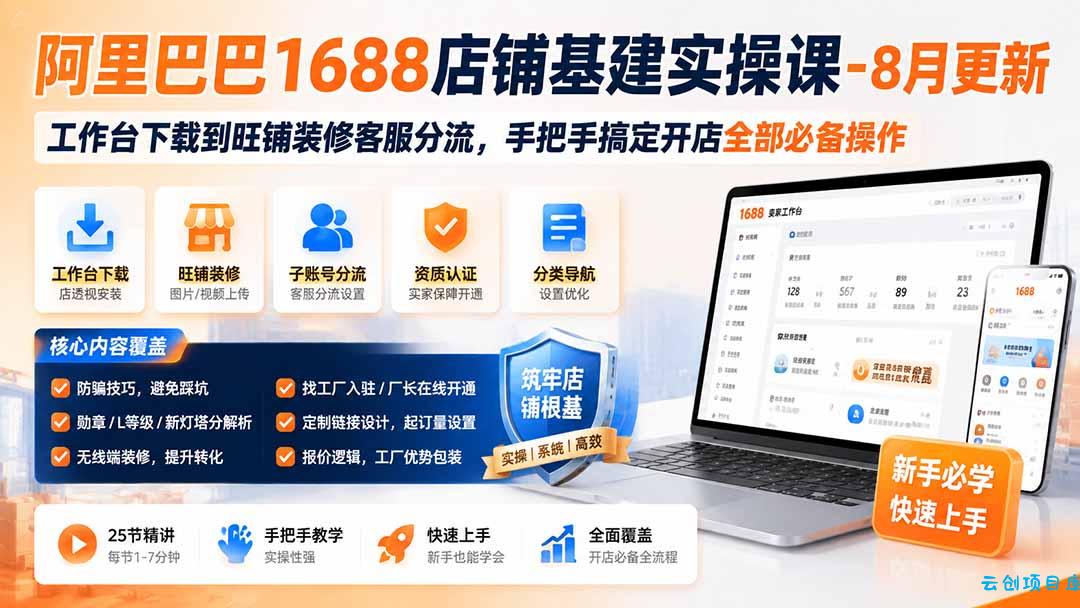 阿里巴巴1688店铺基建实操课-8月更新；工作台下载到旺铺装修客服分流，手把手搞定开店全部必备操作-云创项目库