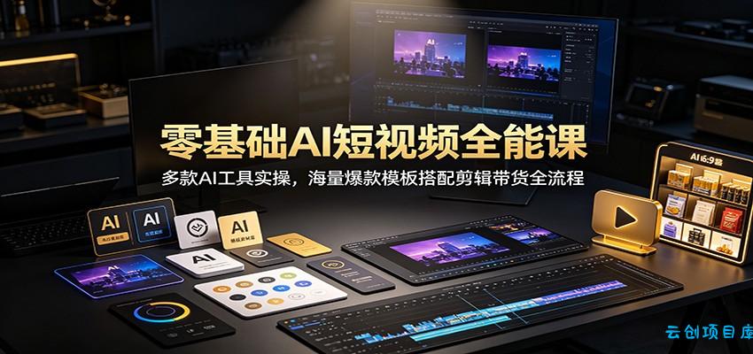 零基础AI短视频全能课：多款AI工具实操，海量爆款模板搭配剪辑带货全流程-云创项目库