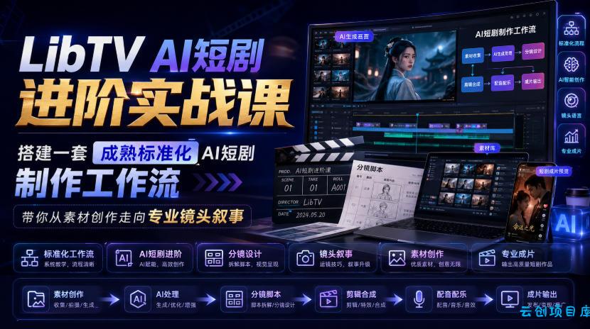 LibTV AI短剧进阶实战课，搭建一套成熟标准化AI短剧制作工作流，带你从素材创作走向专业镜头叙事-云创项目库