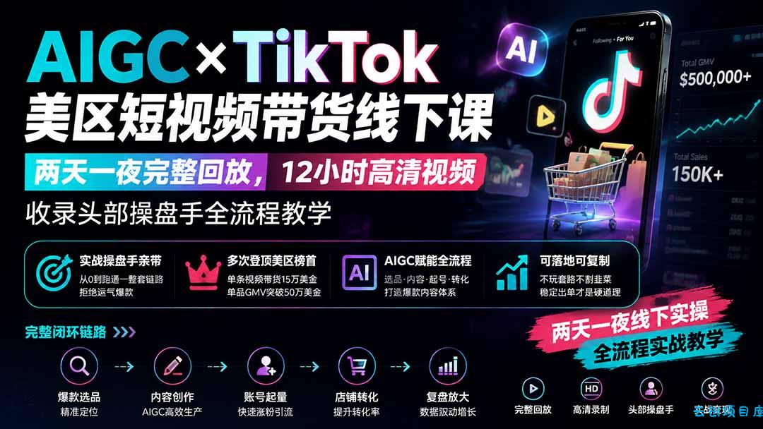 AIGC×TikTok美区短视频带货线下课；两天一夜完整回放，12小时高清视频收录头部操盘手全流程教学-云创项目库