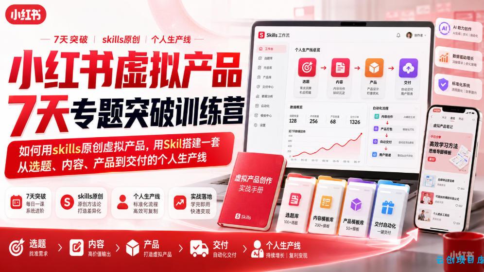 小红书虚拟产品7天专题突破训练营，如何用skills原创虚拟产品，用Skil搭建一套从选题、内容、产品到交付的个人生产线-云创项目库