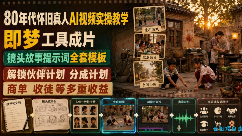 80年代怀旧真人AI视频实操教学,即梦工具成片、镜头故事提示词全套模板,解锁伙伴计划分成计划商单收徒等多重收益