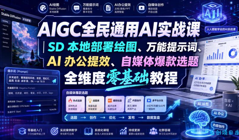 AIGC全民通用AI实战课|SD本地部署绘图、万能提示词、AI办公提效、自媒体爆款选题全维度零基础教程