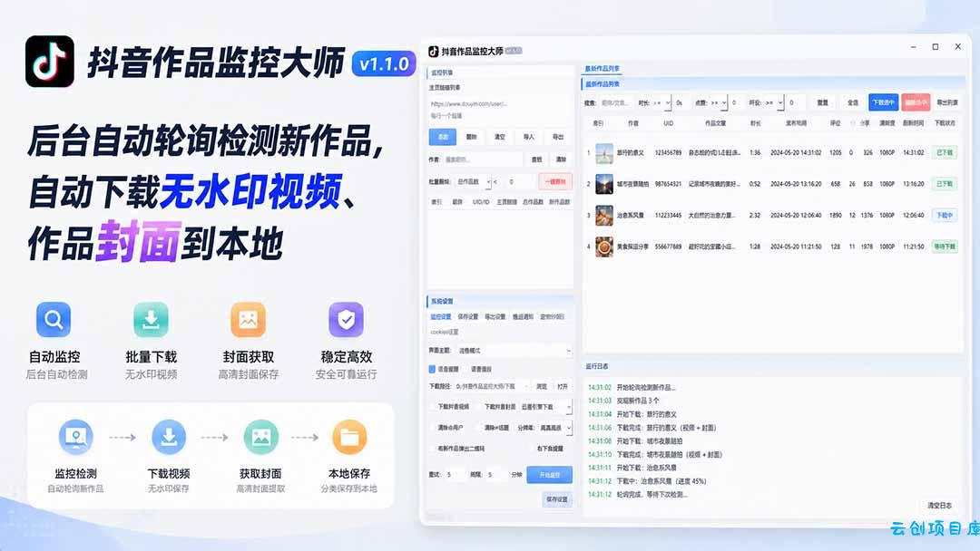 抖音作品监控大师v1.1.0：后台自动轮询检测新作品，自动下载无水印视频、作品封面到本地-云创项目库
