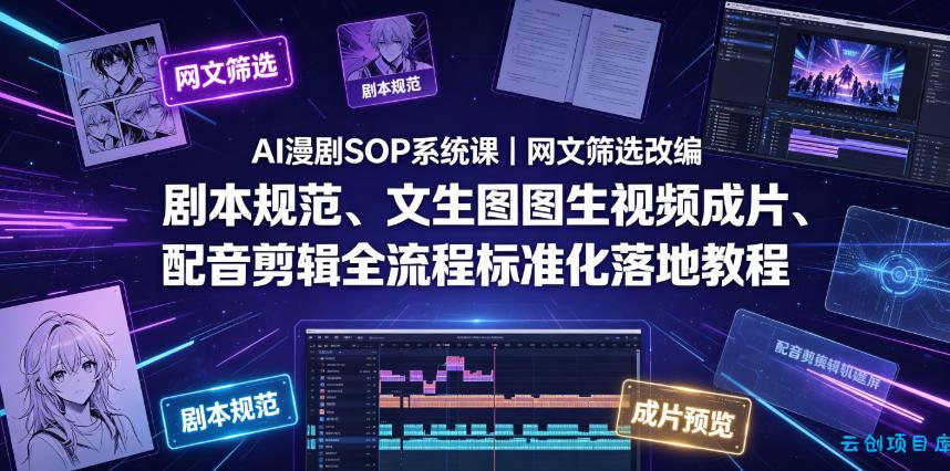 AI漫剧SOP系统课｜网文筛选改编、剧本规范、文生图图生视频成片、配音剪辑全流程标准化落地教程(更新0810)-云创项目库