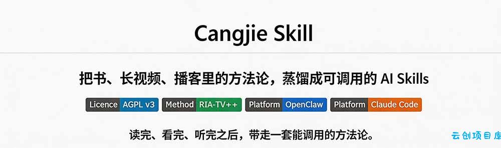图片[1]-全网走红！GitHub上6.7K Star的开源项目，把任何书、长视频、播客蒸馏成AI工具，值得收藏 cangjie-skill-云创项目库