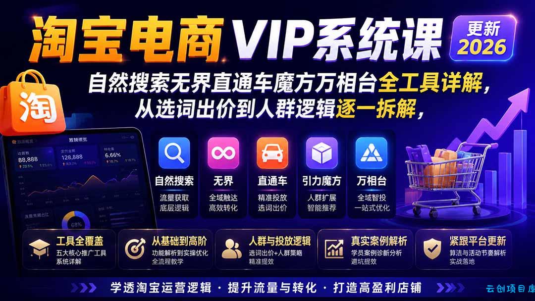 图片[1]-淘宝电商VIP系统课-更新8月；自然搜索无界直通车魔方万相台全工具详解，从选词出价到人群逻辑逐一拆解-云创项目库