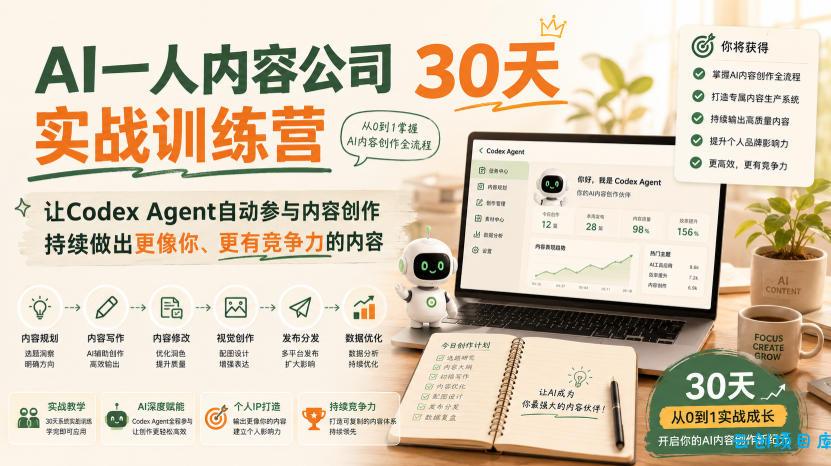 AI一人内容公司30天实战训练营,让Codex Agent自动参与内容创作持续做出更像你、更有竞争力的内容-云创项目库