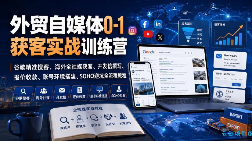 外贸自媒体0-1获客实战训练营｜谷歌精准搜客、海外全社媒获客、开发信撰写、报价收款、账号环境搭建、SOHO避坑全流程教程-云创项目库